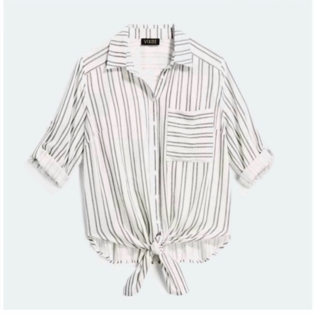 Vixbe Black & White Striped Button Down Top Front Tie 3/4 Sleeve Medium